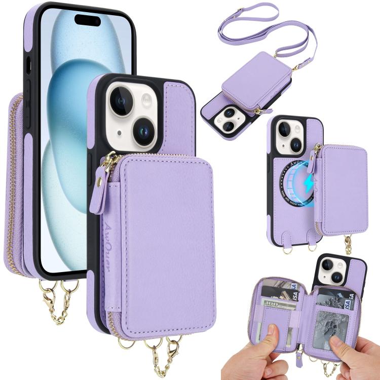 AwQuer 2 in 1 Crossbody Zipper Wallet Leather Back Phone Case, For iPhone 16 Plus, For iPhone 16, For iPhone 15 Pro Max, For iPhone 15 Pro, For iPhone 15 Plus, For iPhone 15