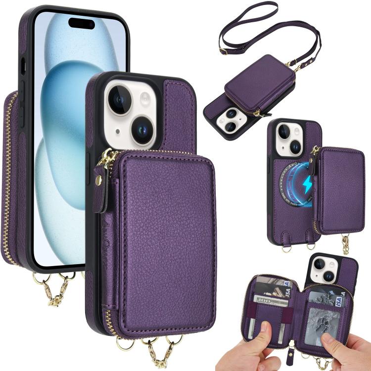 AwQuer 2 in 1 Crossbody Zipper Wallet Leather Back Phone Case, For iPhone 16 Plus, For iPhone 16, For iPhone 15 Pro Max, For iPhone 15 Pro, For iPhone 15 Plus, For iPhone 15