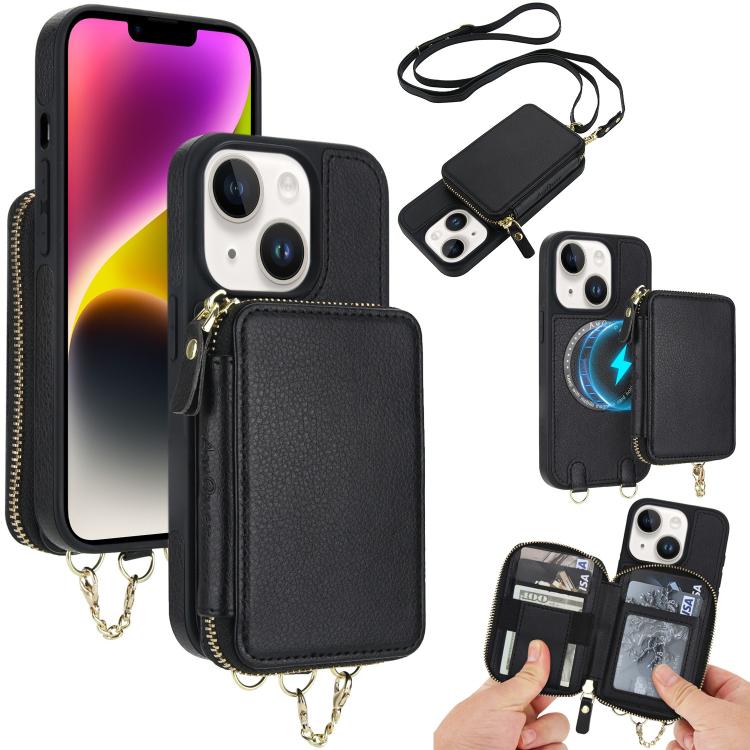 AwQuer 2 in 1 Crossbody Zipper Wallet Leather Back Phone Case, For iPhone 14 Plus, For iPhone 14 / 13, For iPhone 14 Pro, For iPhone 14 Pro Max, For iPhone 13 Pro Max, For iPhone 13 Pro