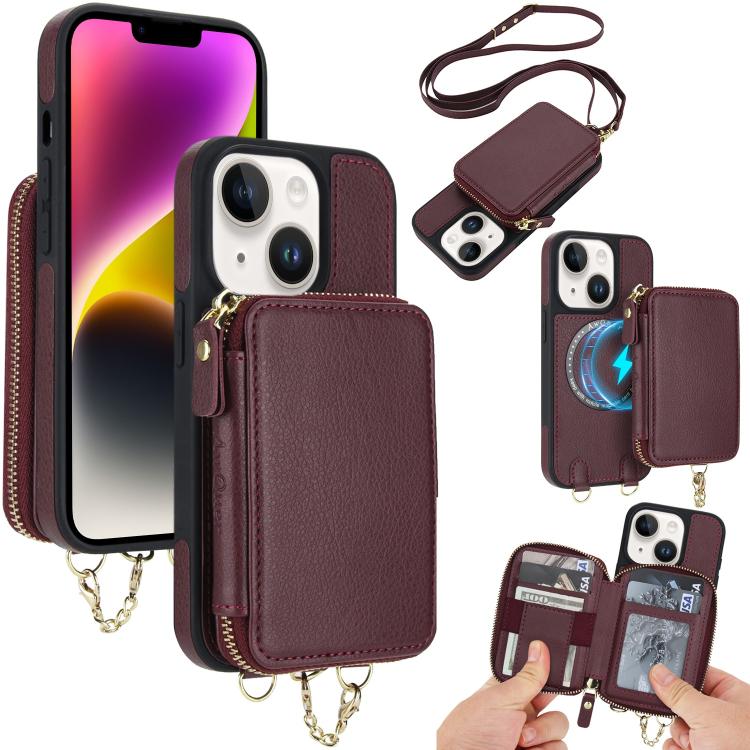 AwQuer 2 in 1 Crossbody Zipper Wallet Leather Back Phone Case, For iPhone 14 Plus, For iPhone 14 / 13, For iPhone 14 Pro, For iPhone 14 Pro Max, For iPhone 13 Pro Max, For iPhone 13 Pro