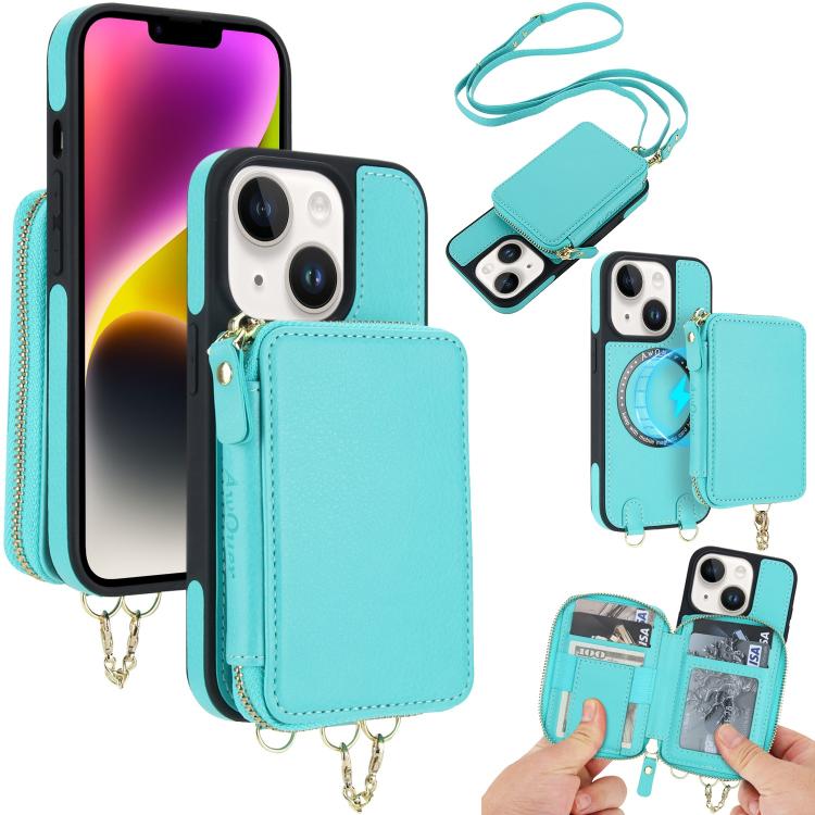 AwQuer 2 in 1 Crossbody Zipper Wallet Leather Back Phone Case, For iPhone 14 Plus, For iPhone 14 / 13, For iPhone 14 Pro, For iPhone 14 Pro Max, For iPhone 13 Pro Max, For iPhone 13 Pro