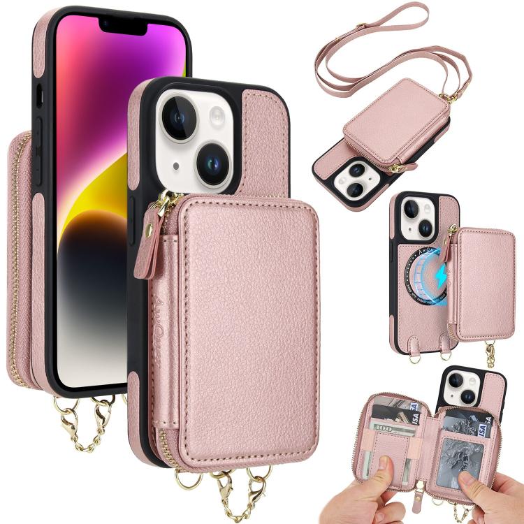 AwQuer 2 in 1 Crossbody Zipper Wallet Leather Back Phone Case, For iPhone 14 Plus, For iPhone 14 / 13, For iPhone 14 Pro, For iPhone 14 Pro Max, For iPhone 13 Pro Max, For iPhone 13 Pro