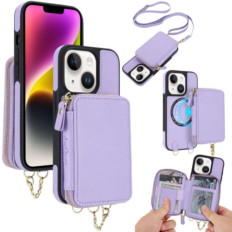 AwQuer 2 in 1 Crossbody Zipper Wallet Leather Back Phone Case, For iPhone 14 Plus, For iPhone 14 / 13, For iPhone 14 Pro, For iPhone 14 Pro Max, For iPhone 13 Pro Max, For iPhone 13 Pro