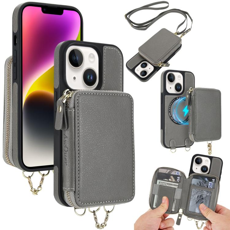 AwQuer 2 in 1 Crossbody Zipper Wallet Leather Back Phone Case, For iPhone 14 Plus, For iPhone 14 / 13, For iPhone 14 Pro, For iPhone 14 Pro Max, For iPhone 13 Pro Max, For iPhone 13 Pro