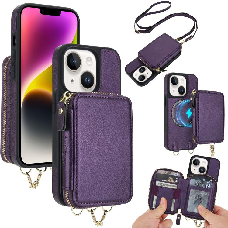 AwQuer 2 in 1 Crossbody Zipper Wallet Leather Back Phone Case, For iPhone 14 Plus, For iPhone 14 / 13, For iPhone 14 Pro, For iPhone 14 Pro Max, For iPhone 13 Pro Max, For iPhone 13 Pro