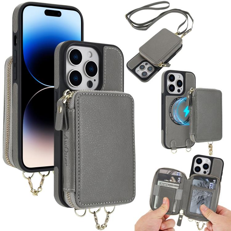AwQuer 2 in 1 Crossbody Zipper Wallet Leather Back Phone Case, For iPhone 14 Plus, For iPhone 14 / 13, For iPhone 14 Pro, For iPhone 14 Pro Max, For iPhone 13 Pro Max, For iPhone 13 Pro