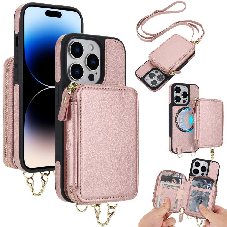 AwQuer 2 in 1 Crossbody Zipper Wallet Leather Back Phone Case, For iPhone 14 Plus, For iPhone 14 / 13, For iPhone 14 Pro, For iPhone 14 Pro Max, For iPhone 13 Pro Max, For iPhone 13 Pro