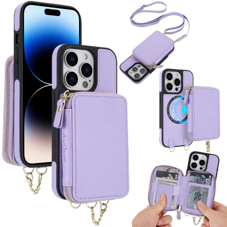 AwQuer 2 in 1 Crossbody Zipper Wallet Leather Back Phone Case, For iPhone 14 Plus, For iPhone 14 / 13, For iPhone 14 Pro, For iPhone 14 Pro Max, For iPhone 13 Pro Max, For iPhone 13 Pro