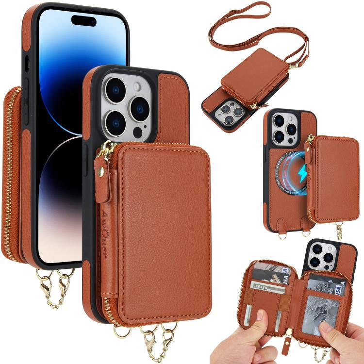 AwQuer 2 in 1 Crossbody Zipper Wallet Leather Back Phone Case, For iPhone 14 Plus, For iPhone 14 / 13, For iPhone 14 Pro, For iPhone 14 Pro Max, For iPhone 13 Pro Max, For iPhone 13 Pro