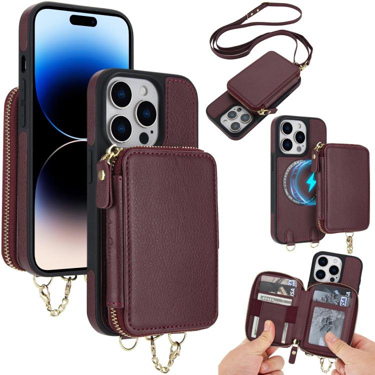 AwQuer 2 in 1 Crossbody Zipper Wallet Leather Back Phone Case, For iPhone 14 Plus, For iPhone 14 / 13, For iPhone 14 Pro, For iPhone 14 Pro Max, For iPhone 13 Pro Max, For iPhone 13 Pro