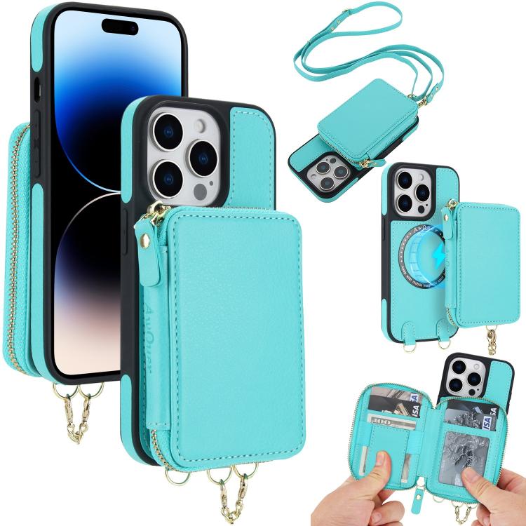 AwQuer 2 in 1 Crossbody Zipper Wallet Leather Back Phone Case, For iPhone 14 Plus, For iPhone 14 / 13, For iPhone 14 Pro, For iPhone 14 Pro Max, For iPhone 13 Pro Max, For iPhone 13 Pro
