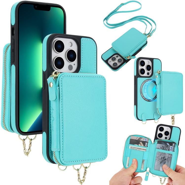 AwQuer 2 in 1 Crossbody Zipper Wallet Leather Back Phone Case, For iPhone 14 Plus, For iPhone 14 / 13, For iPhone 14 Pro, For iPhone 14 Pro Max, For iPhone 13 Pro Max, For iPhone 13 Pro
