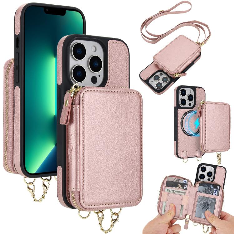 AwQuer 2 in 1 Crossbody Zipper Wallet Leather Back Phone Case, For iPhone 14 Plus, For iPhone 14 / 13, For iPhone 14 Pro, For iPhone 14 Pro Max, For iPhone 13 Pro Max, For iPhone 13 Pro