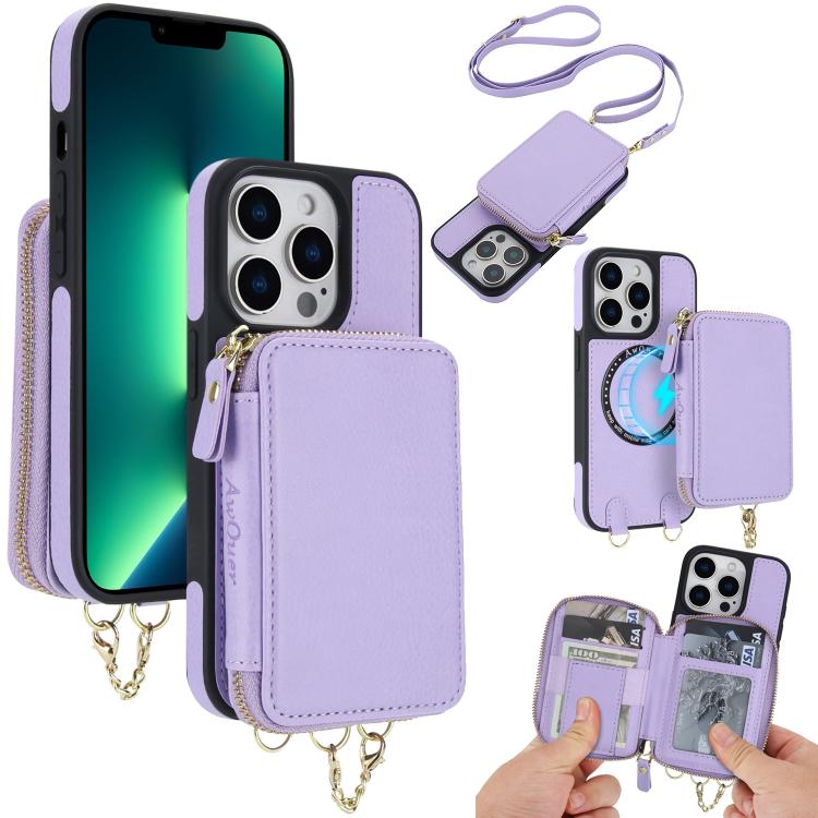 AwQuer 2 in 1 Crossbody Zipper Wallet Leather Back Phone Case, For iPhone 14 Plus, For iPhone 14 / 13, For iPhone 14 Pro, For iPhone 14 Pro Max, For iPhone 13 Pro Max, For iPhone 13 Pro