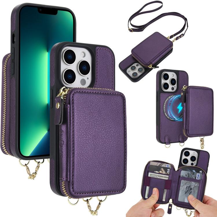 AwQuer 2 in 1 Crossbody Zipper Wallet Leather Back Phone Case, For iPhone 14 Plus, For iPhone 14 / 13, For iPhone 14 Pro, For iPhone 14 Pro Max, For iPhone 13 Pro Max, For iPhone 13 Pro