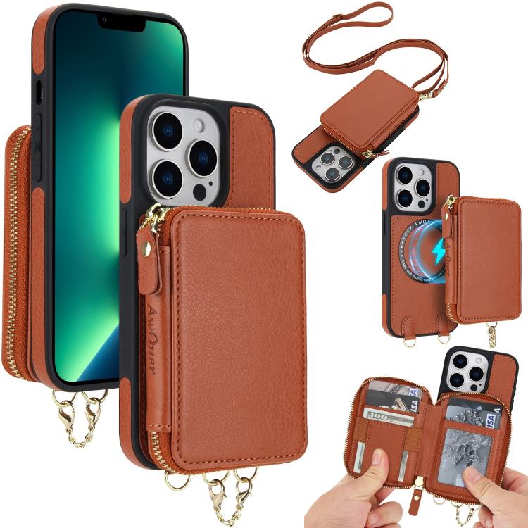AwQuer 2 in 1 Crossbody Zipper Wallet Leather Back Phone Case, For iPhone 14 Plus, For iPhone 14 / 13, For iPhone 14 Pro, For iPhone 14 Pro Max, For iPhone 13 Pro Max, For iPhone 13 Pro