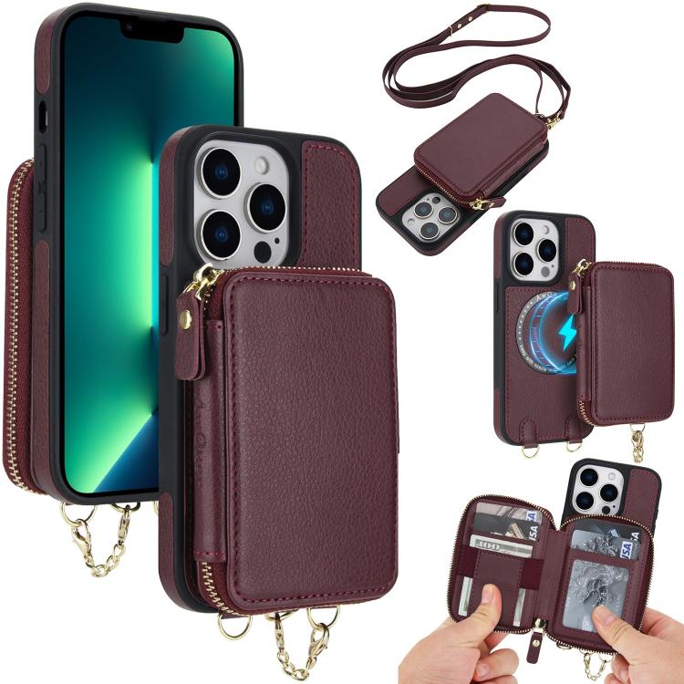 AwQuer 2 in 1 Crossbody Zipper Wallet Leather Back Phone Case, For iPhone 14 Plus, For iPhone 14 / 13, For iPhone 14 Pro, For iPhone 14 Pro Max, For iPhone 13 Pro Max, For iPhone 13 Pro