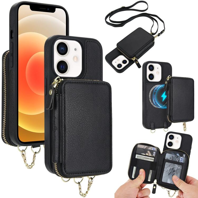 AwQuer 2 in 1 Crossbody Zipper Wallet Leather Back Phone Case, For iPhone 12 / 12 Pro, For iPhone 12 Pro Max
