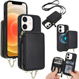 AwQuer 2 in 1 Crossbody Zipper Wallet Leather Back Phone Case, For iPhone 12 / 12 Pro, For iPhone 12 Pro Max