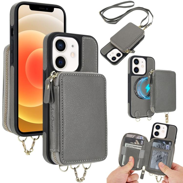 AwQuer 2 in 1 Crossbody Zipper Wallet Leather Back Phone Case, For iPhone 12 / 12 Pro, For iPhone 12 Pro Max