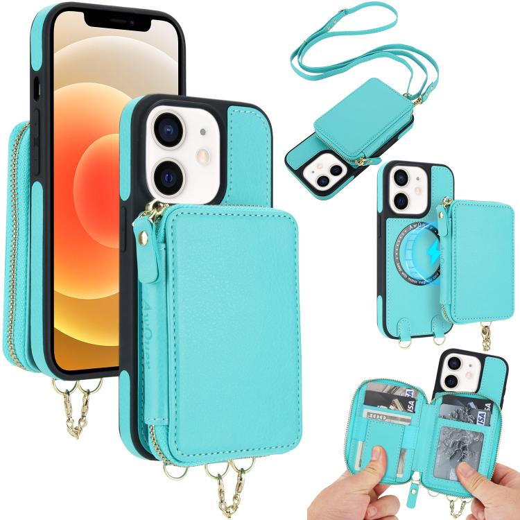 AwQuer 2 in 1 Crossbody Zipper Wallet Leather Back Phone Case, For iPhone 12 / 12 Pro, For iPhone 12 Pro Max