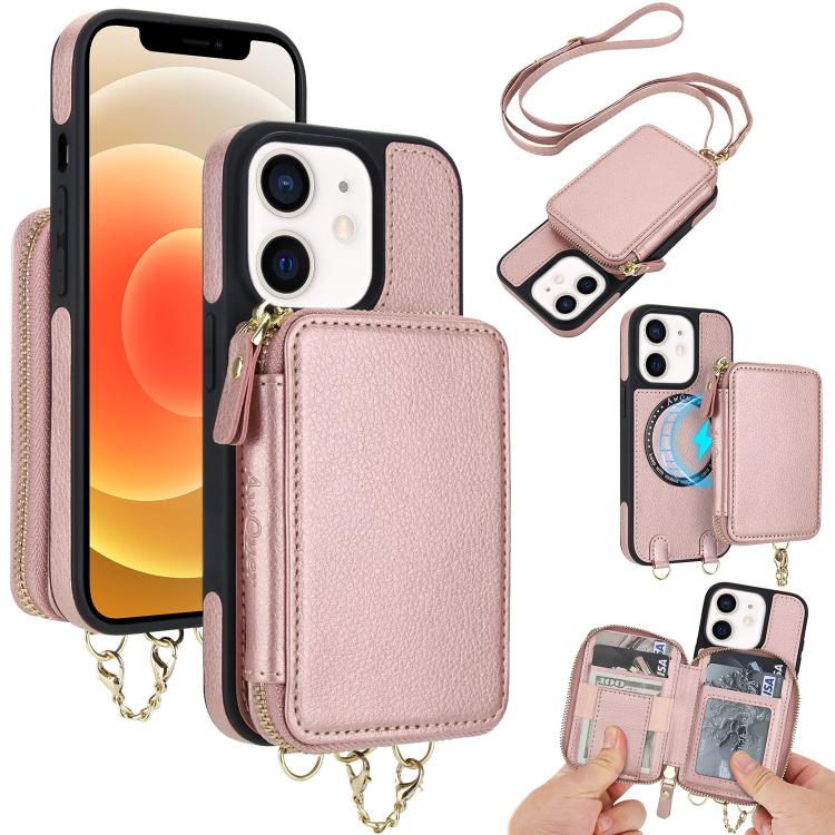 AwQuer 2 in 1 Crossbody Zipper Wallet Leather Back Phone Case, For iPhone 12 / 12 Pro, For iPhone 12 Pro Max