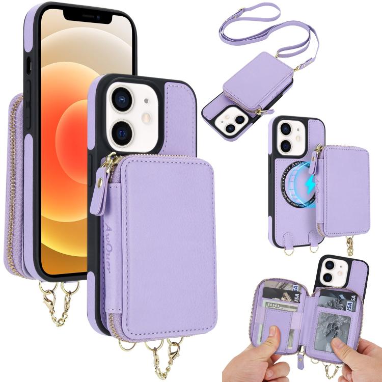 AwQuer 2 in 1 Crossbody Zipper Wallet Leather Back Phone Case, For iPhone 12 / 12 Pro, For iPhone 12 Pro Max