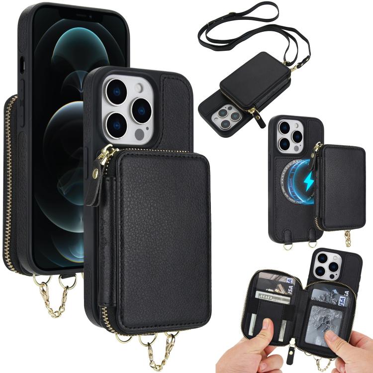 AwQuer 2 in 1 Crossbody Zipper Wallet Leather Back Phone Case, For iPhone 12 / 12 Pro, For iPhone 12 Pro Max