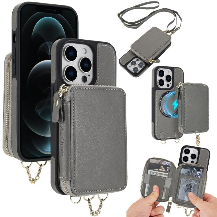 AwQuer 2 in 1 Crossbody Zipper Wallet Leather Back Phone Case, For iPhone 12 / 12 Pro, For iPhone 12 Pro Max