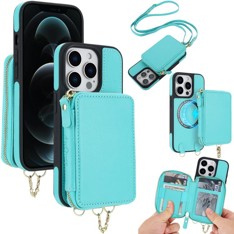 AwQuer 2 in 1 Crossbody Zipper Wallet Leather Back Phone Case, For iPhone 12 / 12 Pro, For iPhone 12 Pro Max
