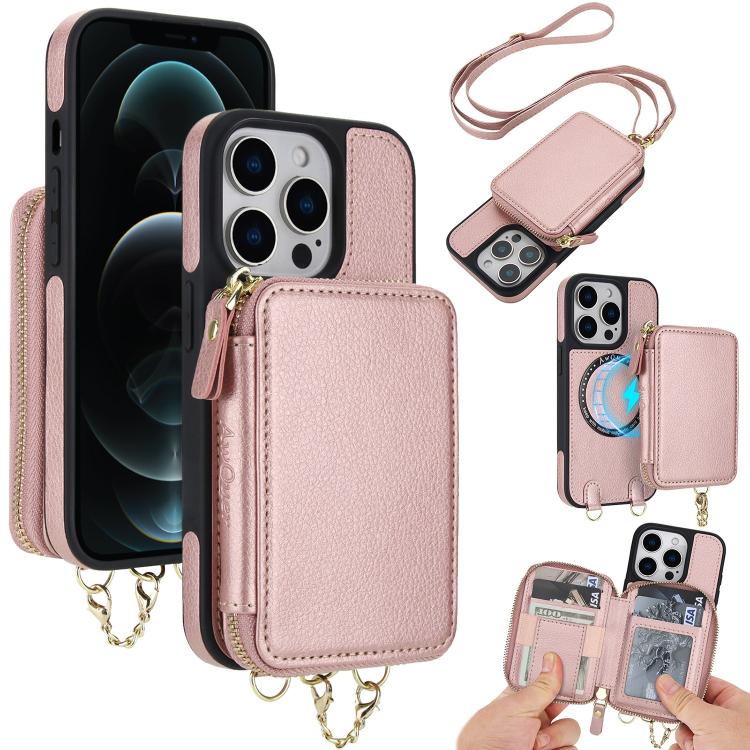 AwQuer 2 in 1 Crossbody Zipper Wallet Leather Back Phone Case, For iPhone 12 / 12 Pro, For iPhone 12 Pro Max