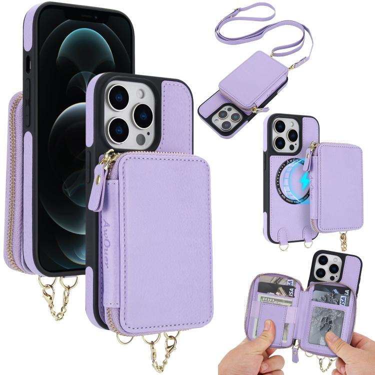 AwQuer 2 in 1 Crossbody Zipper Wallet Leather Back Phone Case, For iPhone 12 / 12 Pro, For iPhone 12 Pro Max