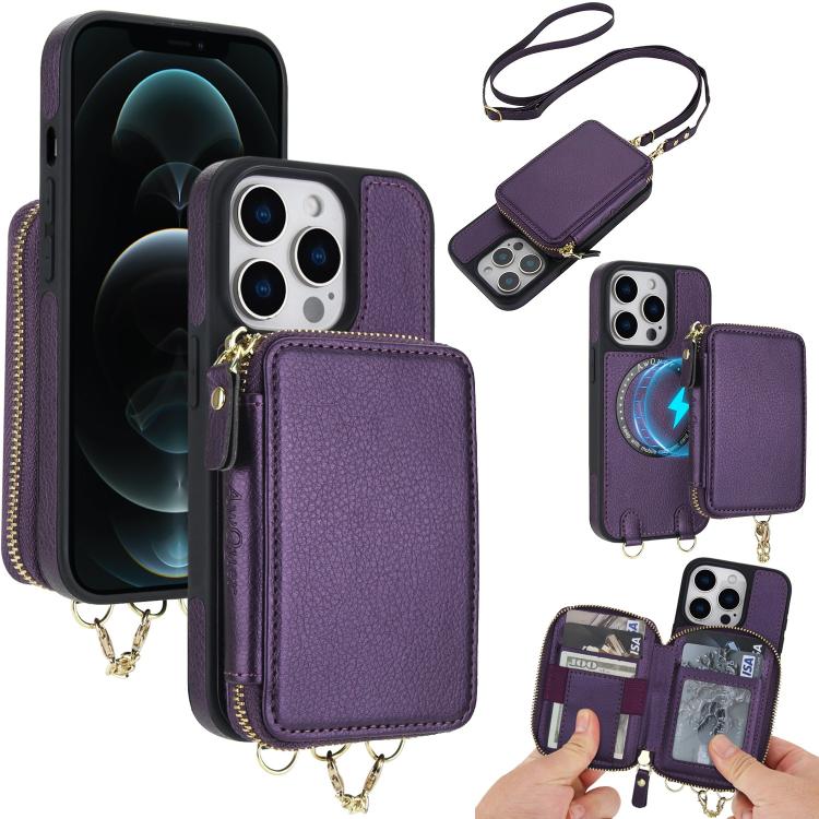 AwQuer 2 in 1 Crossbody Zipper Wallet Leather Back Phone Case, For iPhone 12 / 12 Pro, For iPhone 12 Pro Max