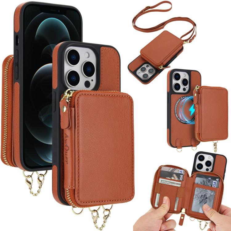 AwQuer 2 in 1 Crossbody Zipper Wallet Leather Back Phone Case, For iPhone 12 / 12 Pro, For iPhone 12 Pro Max