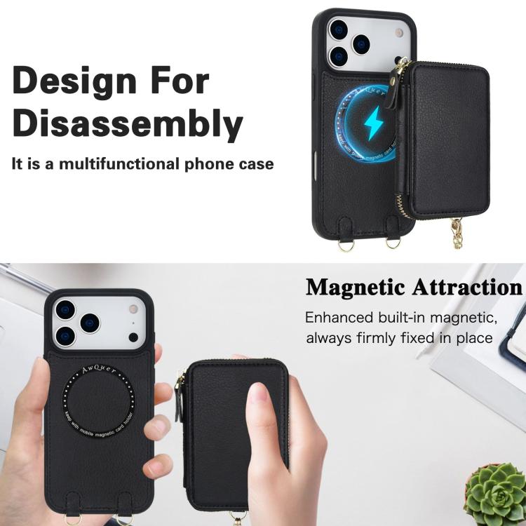 AwQuer 2 in 1 Crossbody Zipper Wallet Leather Back Phone Case, For iPhone 17 Pro Max, For iPhone 17 Pro, For iPhone 17, For iPhone Air, For iPhone 16 Pro Max, For iPhone 16 Pro