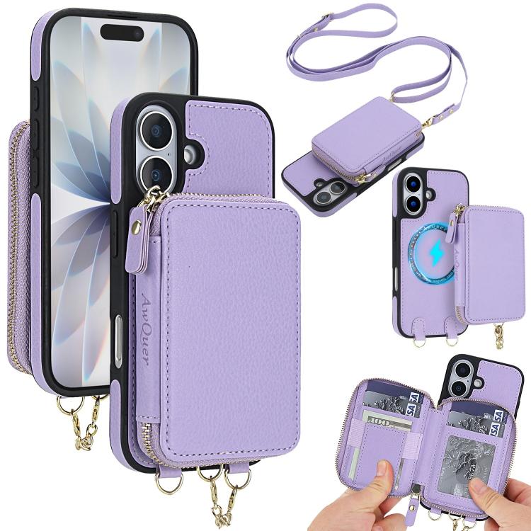 AwQuer 2 in 1 Crossbody Zipper Wallet Leather Back Phone Case, For iPhone 17 Pro Max, For iPhone 17 Pro, For iPhone 17, For iPhone Air, For iPhone 16 Pro Max, For iPhone 16 Pro