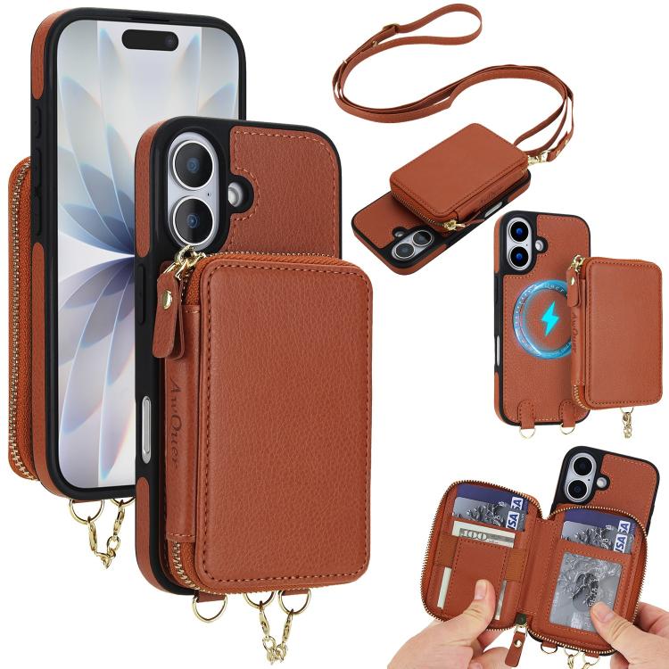 AwQuer 2 in 1 Crossbody Zipper Wallet Leather Back Phone Case, For iPhone 17 Pro Max, For iPhone 17 Pro, For iPhone 17, For iPhone Air, For iPhone 16 Pro Max, For iPhone 16 Pro