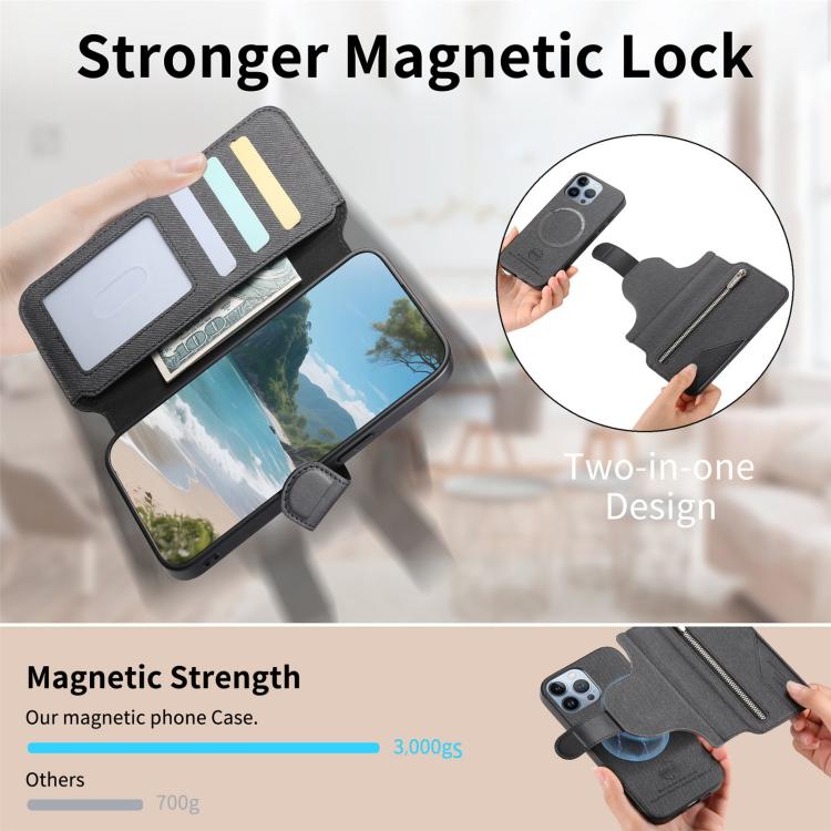 Twill Fabric MagSafe RFID Anti-theft Zipper Wallet Leather Phone Case, For iPhone 13 Pro, For iPhone 13, For iPhone 12, For iPhone 12 Pro Max, For iPhone 12 Pro, For iPhone 11