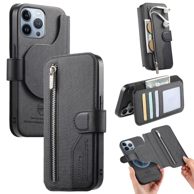 Twill Fabric MagSafe RFID Anti-theft Zipper Wallet Leather Phone Case, For iPhone 13 Pro, For iPhone 13, For iPhone 12, For iPhone 12 Pro Max, For iPhone 12 Pro, For iPhone 11