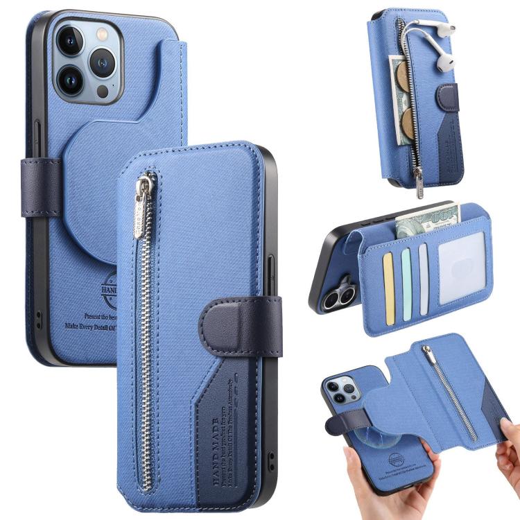 Twill Fabric MagSafe RFID Anti-theft Zipper Wallet Leather Phone Case, For iPhone 13 Pro, For iPhone 13, For iPhone 12, For iPhone 12 Pro Max, For iPhone 12 Pro, For iPhone 11