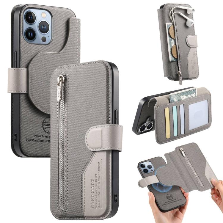 Twill Fabric MagSafe RFID Anti-theft Zipper Wallet Leather Phone Case, For iPhone 13 Pro, For iPhone 13, For iPhone 12, For iPhone 12 Pro Max, For iPhone 12 Pro, For iPhone 11
