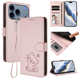 Embossed Heart Cat Leather Phone Case with Hand Strap, For iPhone 17e / 16e, For iPhone 17 Pro Max, For iPhone 17 Pro, For iPhone 17