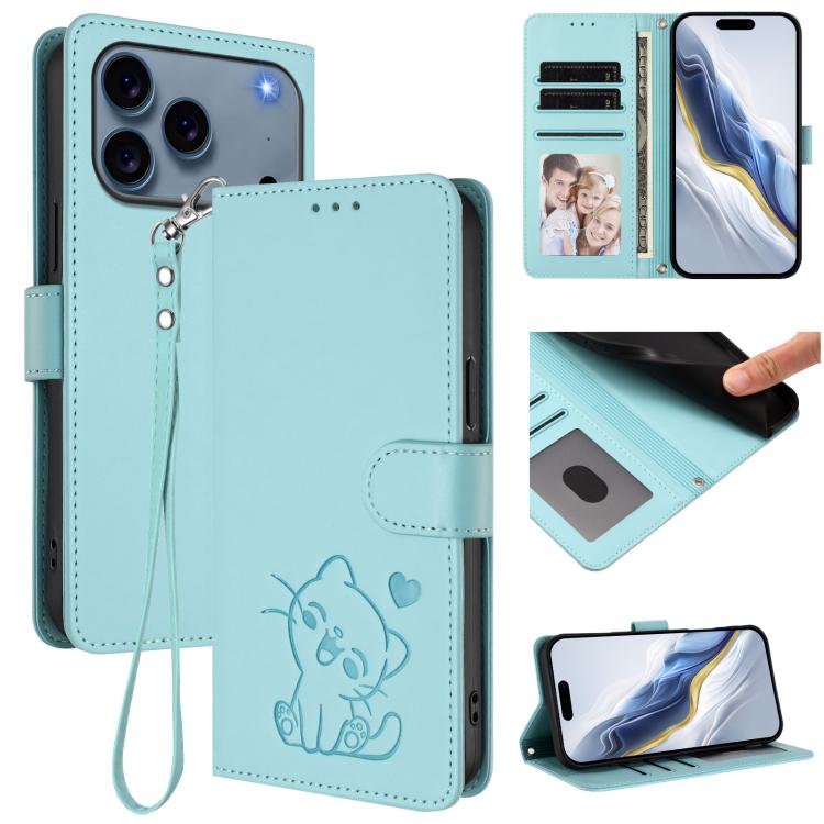 Embossed Heart Cat Leather Phone Case with Hand Strap, For iPhone 17e / 16e, For iPhone 17 Pro Max, For iPhone 17 Pro, For iPhone 17