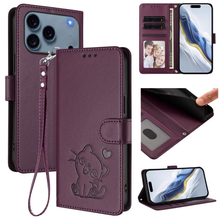 Embossed Heart Cat Leather Phone Case with Hand Strap, For iPhone 17e / 16e, For iPhone 17 Pro Max, For iPhone 17 Pro, For iPhone 17