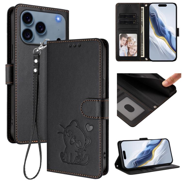 Embossed Heart Cat Leather Phone Case with Hand Strap, For iPhone 17e / 16e, For iPhone 17 Pro Max, For iPhone 17 Pro, For iPhone 17