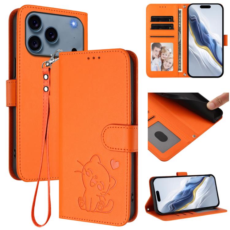 Embossed Heart Cat Leather Phone Case with Hand Strap, For iPhone 17e / 16e, For iPhone 17 Pro Max, For iPhone 17 Pro, For iPhone 17