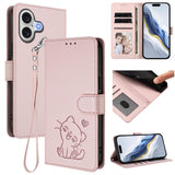 Embossed Heart Cat Leather Phone Case with Hand Strap, For iPhone 17e / 16e, For iPhone 17 Pro Max, For iPhone 17 Pro, For iPhone 17