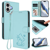 Embossed Heart Cat Leather Phone Case with Hand Strap, For iPhone 17e / 16e, For iPhone 17 Pro Max, For iPhone 17 Pro, For iPhone 17