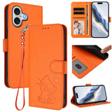 Embossed Heart Cat Leather Phone Case with Hand Strap, For iPhone 17e / 16e, For iPhone 17 Pro Max, For iPhone 17 Pro, For iPhone 17