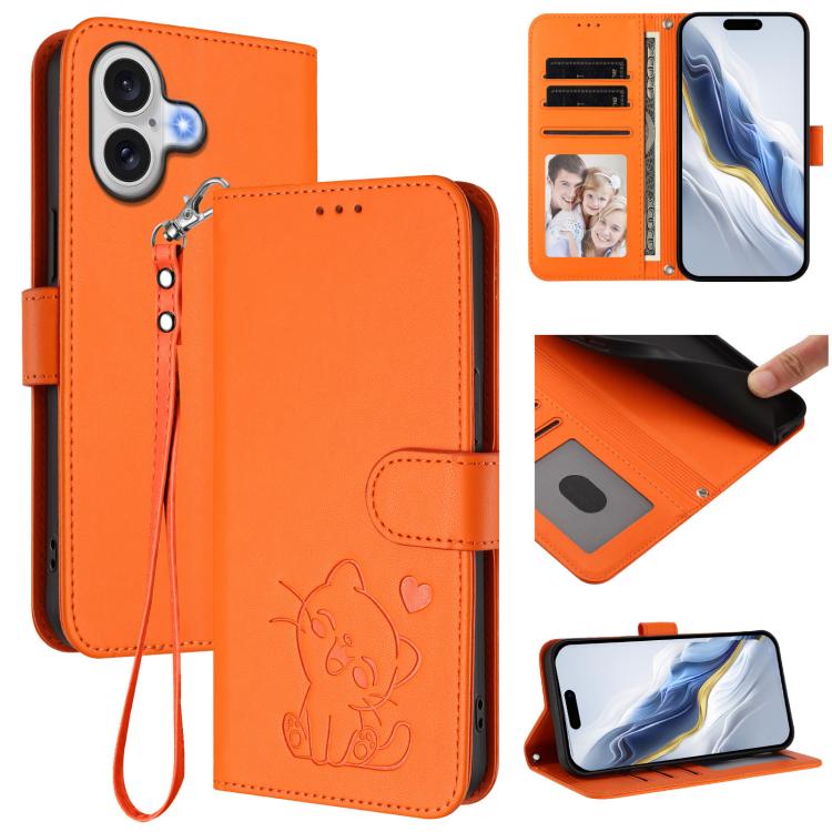 Embossed Heart Cat Leather Phone Case with Hand Strap, For iPhone 17e / 16e, For iPhone 17 Pro Max, For iPhone 17 Pro, For iPhone 17